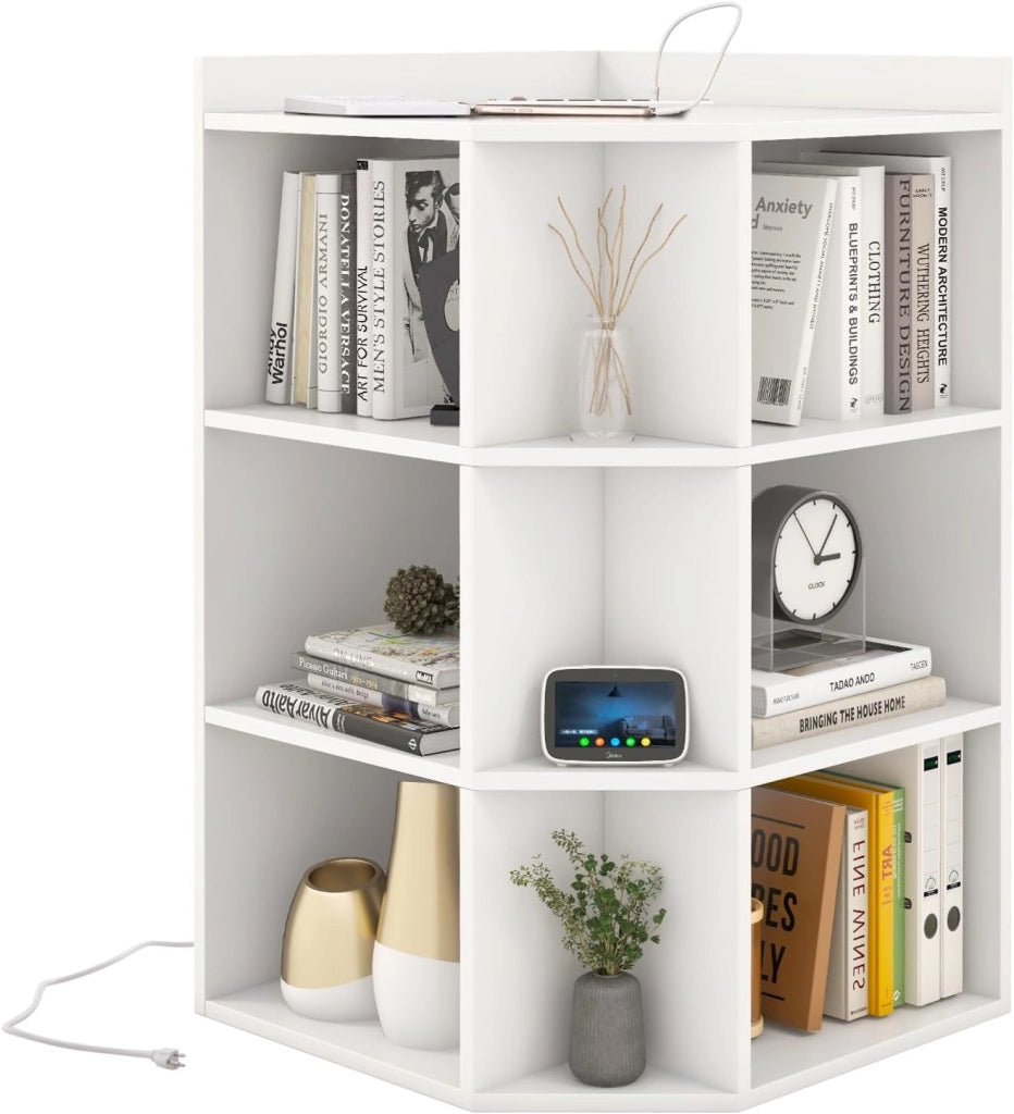 Libreria Angolare Triangolare con 3 Ripiani e 9 Vani Aperti, Presa di Ricarica Integrata, 51 x 71,5 x 86 cm, per Soggiorno e Studio (Bianco)