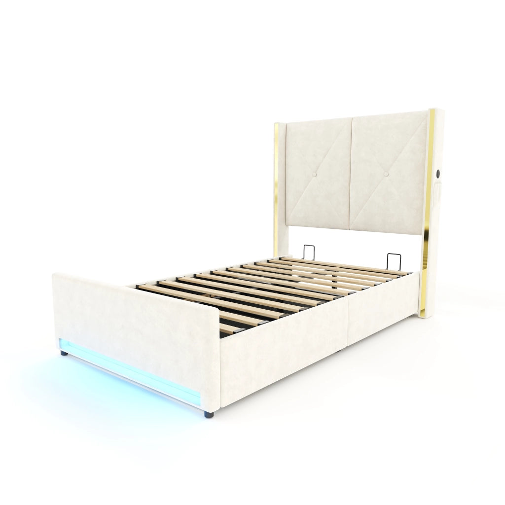 Letto Contenitore Imbottito con LED, USB e Sistema Idraulico ¨C MINIMAL ¨C Velluto, 90x200