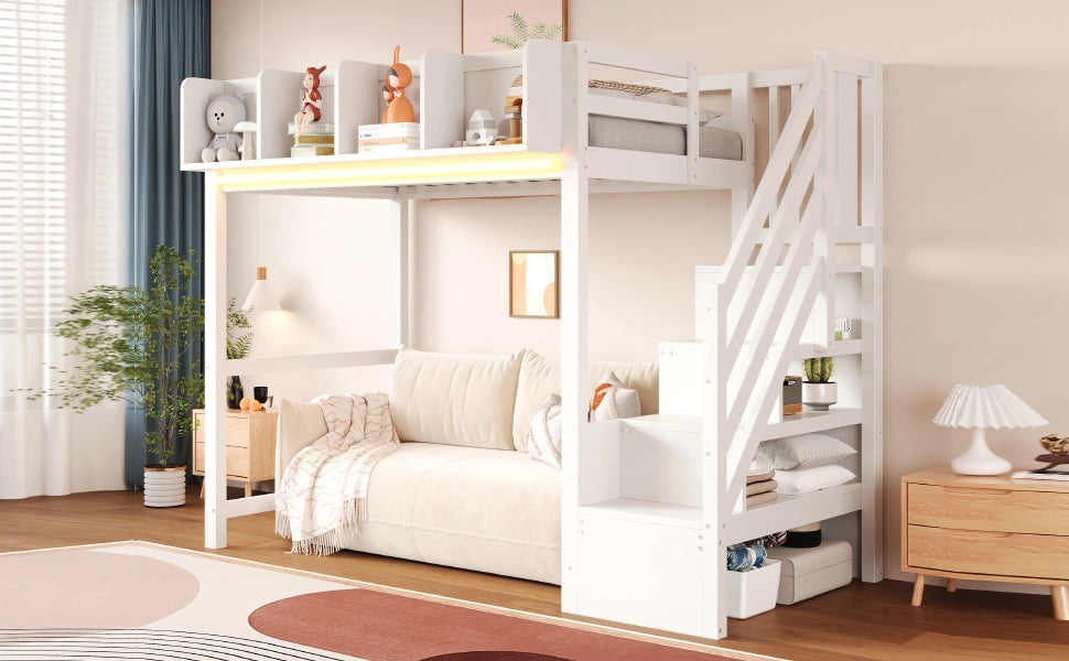LETTO a soppalco 90x200 cm in legno bianco con LED, scala laterale e vani portaoggetti