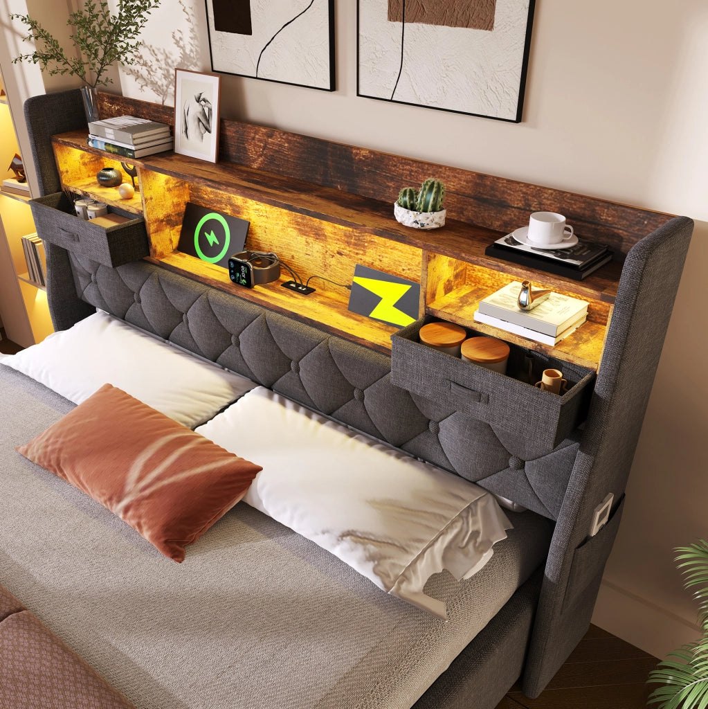 Letto matrimoniale contenitore 140x200 cm in lino grigio con LED; USB e USB-C