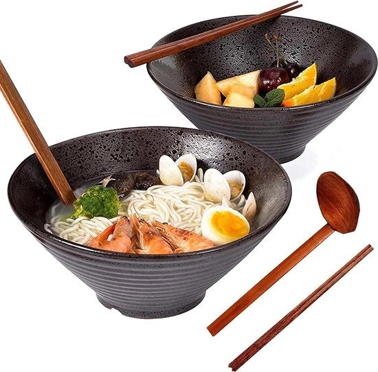 Set di Piatti Cereamici per Ramen - Grande Piatto Vintage da 1000ml per Zuppe e Insalate - Include Spiedini e Cucchiaio