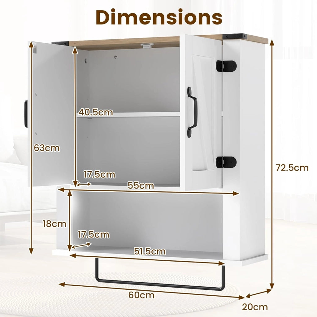 Armadietto da Bagno da Appendere con Porta Asciugamani, 3 Ripiani e Ante | Armadio a Parete Multiuso per Bagno, Cucina, Corridoio | 60 x 20 x 72,5 cm