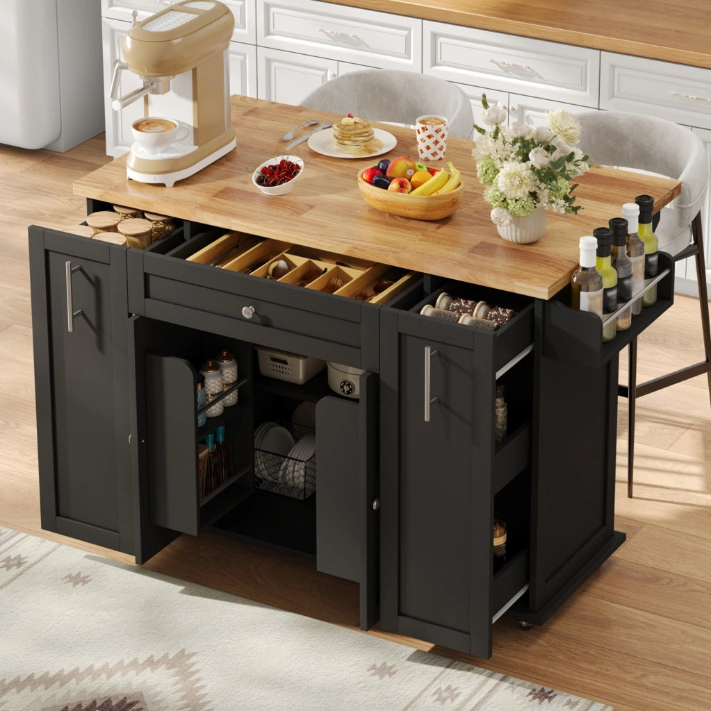 Isola cucina con piano ribaltabile 120x45(70)x87 cm in MDF nero e naturale