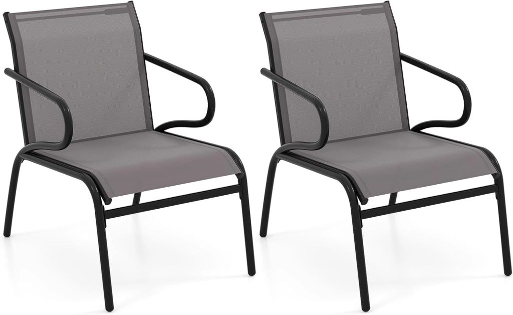 Set di 2 sedie da giardino, 54 x 72,5 x 77,5 cm, sedie da esterno con schienale ergonomico e braccioli, tessuto traspirante e struttura in metallo, mobili per patio, balcone (grigio)