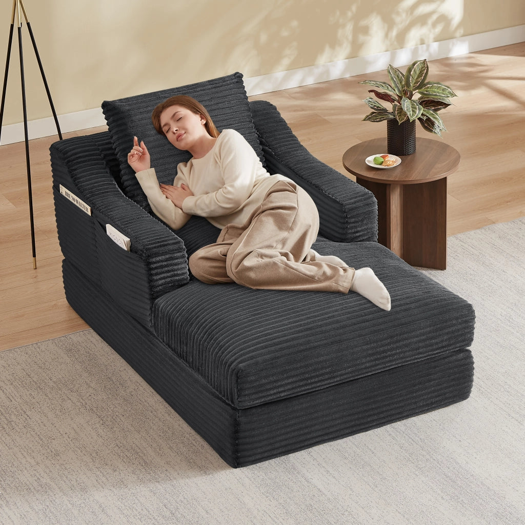 Poltrona lounge convertibile in letto con design a doppio strato in velluto a coste in schiuma grigio scuro