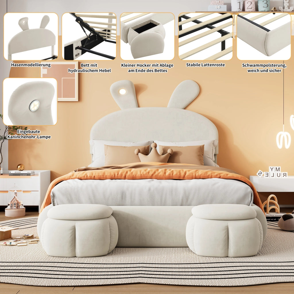 OKWISH Letto Contenitore 140×200 cm, Letto Matrimoniale con Orecchie da Coniglio, LED Regolabile e 2 Pouf Contenitore, senza Materasso, Velluto, Beige