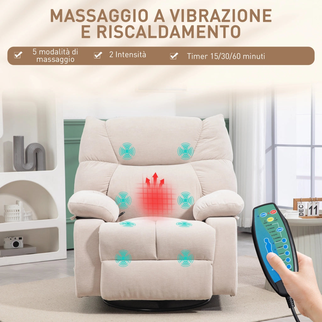 Poltrona Reclinabile con Poggiapiedi, Massaggio e Riscaldamento con 5 Programmi e 8 Punti Vibranti, Beige