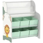 Scaffale Portagiochi con 6 Cassetti in Tessuto e Libreria a 2 Livelli, in Legno e Acciaio, 63x30x71 cm, Verde