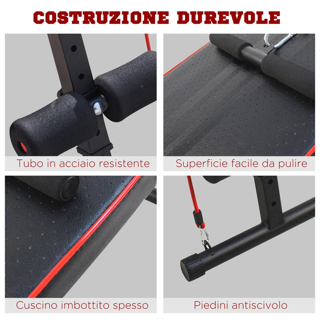 Panca Multifunzione con Vogatore a Molla e Schienale Regolabile e 2 Corde Elastiche, 55.5x137.5 cm Nero