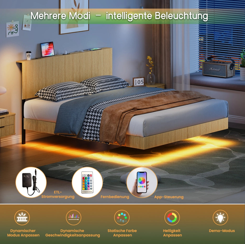 Letto con effetto sospeso, testiera scanalata, presa e luci LED