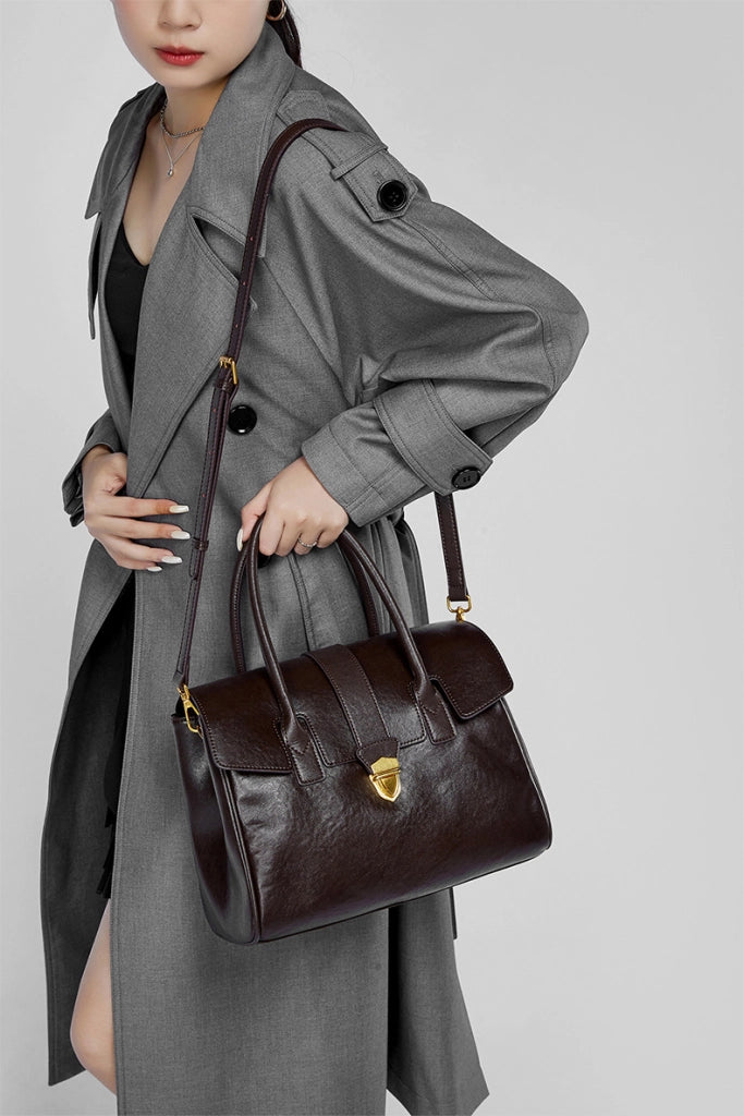 Borsa a mano e a tracolla da donna in vera pelle, marrone