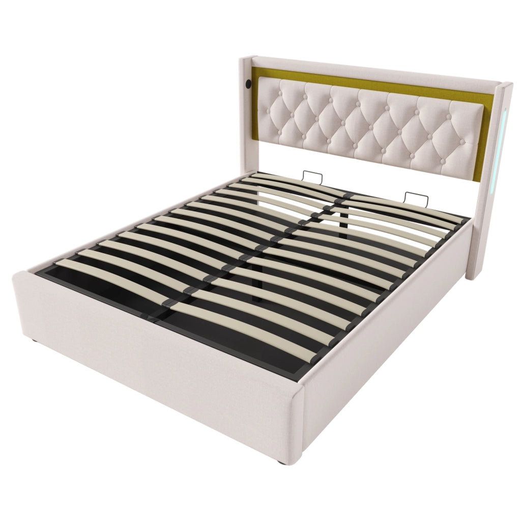 Letto matrimoniale contenitore 140x200 cm con LED e ricarica USB Type-C; beige chiaro; con materasso