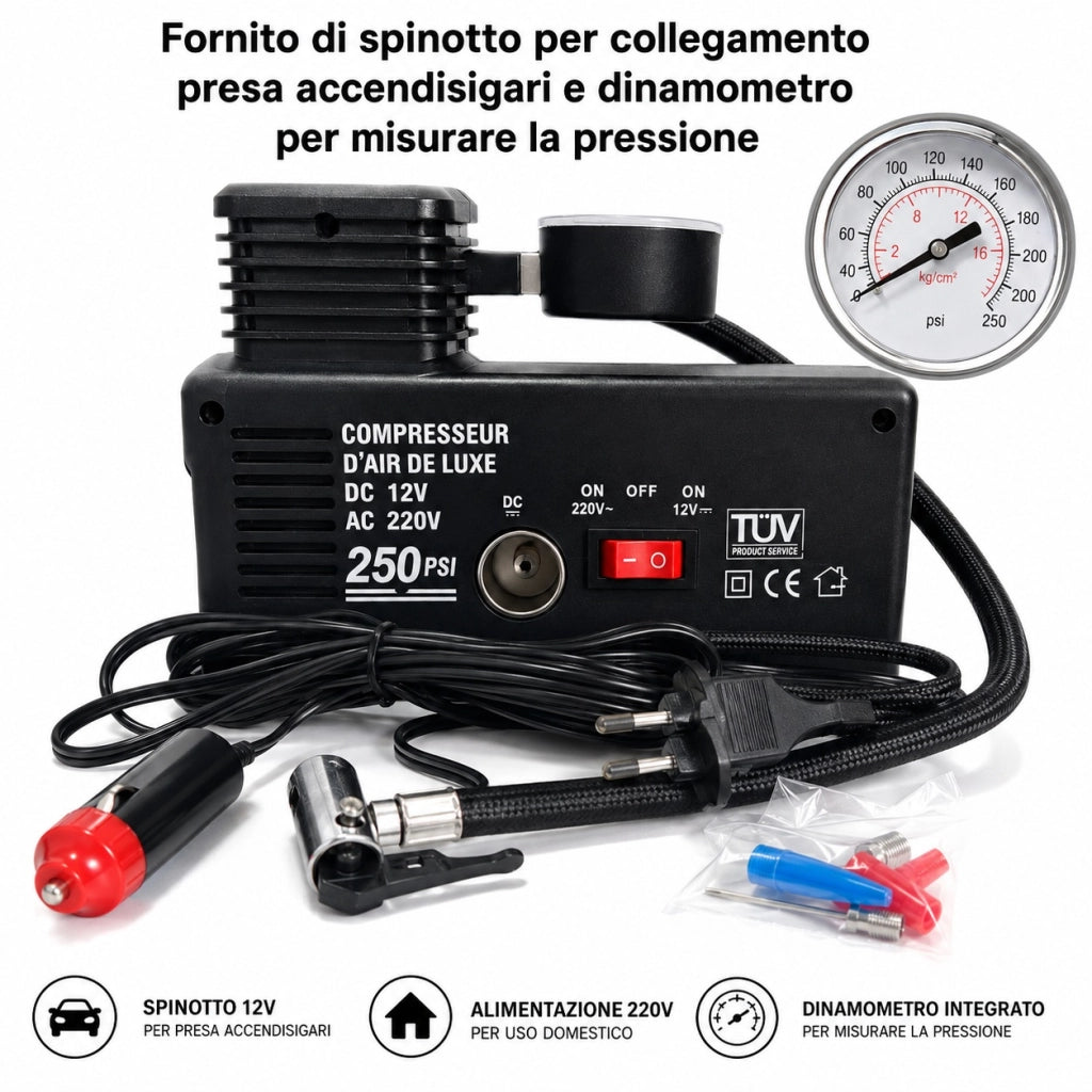 MINI COMPRESSORE PORTATILE CANOTTI AUTO 12V 220V AUTO BICI MOTO 250PSI