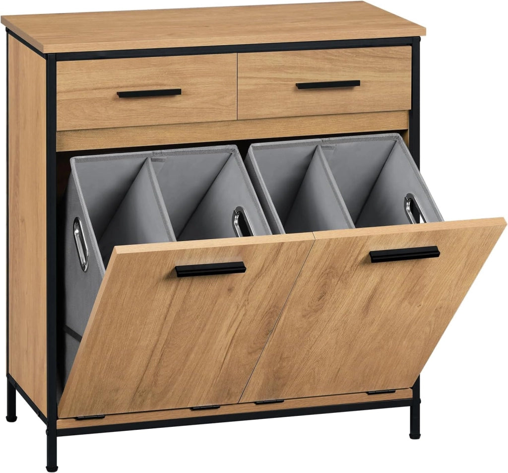 Mobile da Bagno con 2 Cassetti e 2 Sacchi per la Biancheria, in MDF con Struttura in Metallo, Rovere Chiaro + Nero, 72,5x34x80 cm