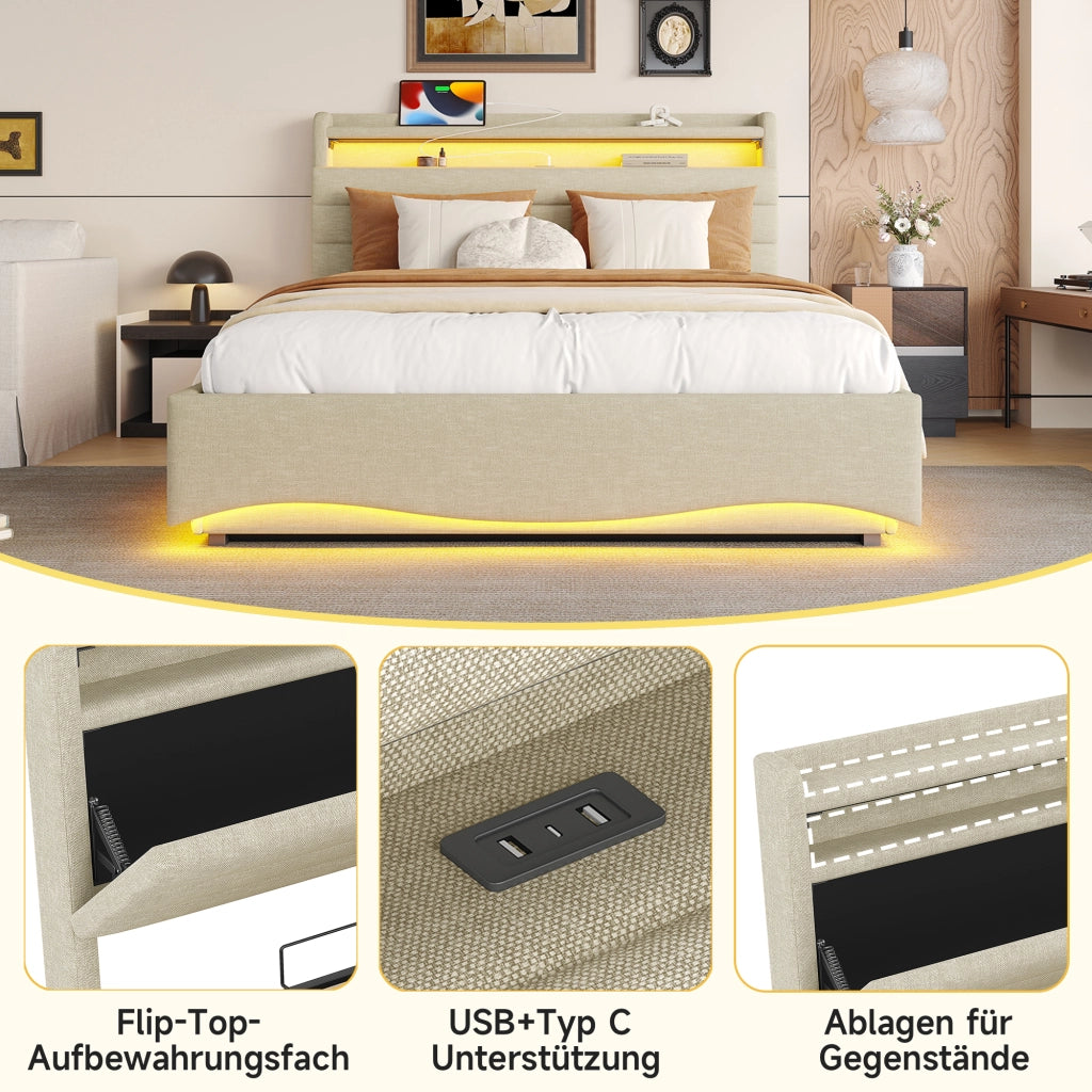 DESMIU Letto contenitore 140 × 200 cm 2 posti con LED regolabile, USB, USB-C e vano, senza materasso, beige