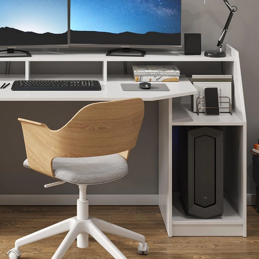 Scrivania computer Joel, Bianco, 179.8 x 65.5 cm, con ripiani per accessori e supporto rialzato per monitor