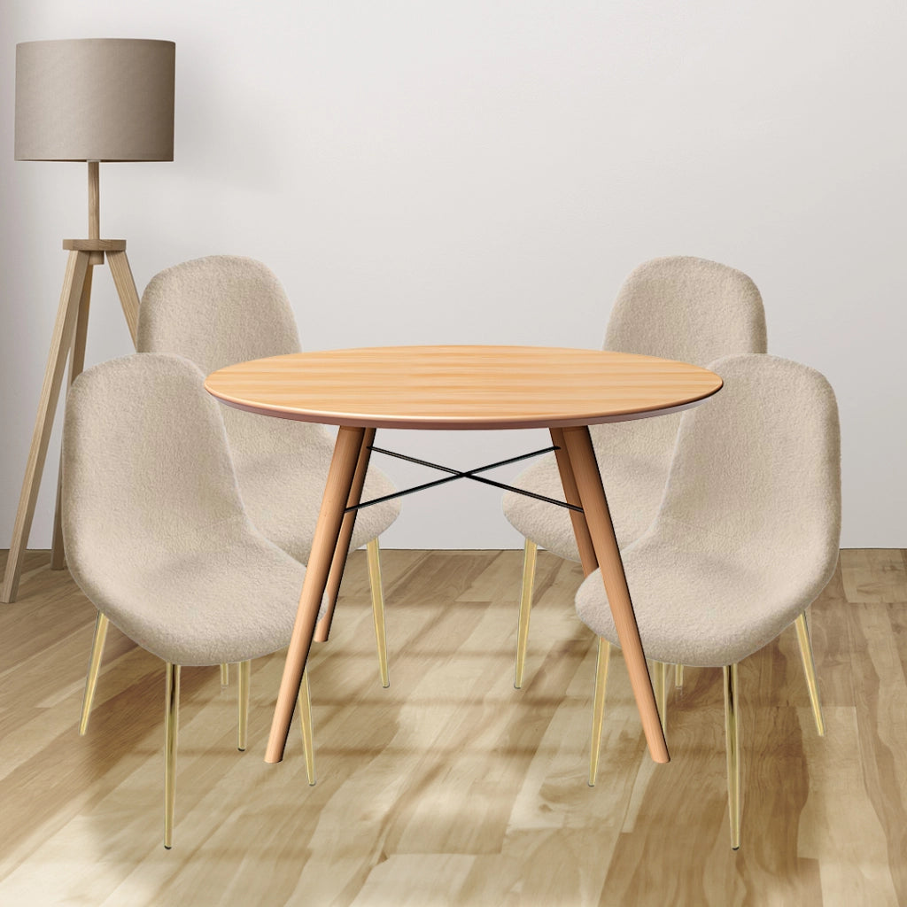 SET 4 SEDIE IMBOTTITE TEDDY IN TESSUTO BEIGE CON GAMBE ORO 44X48X88 CM