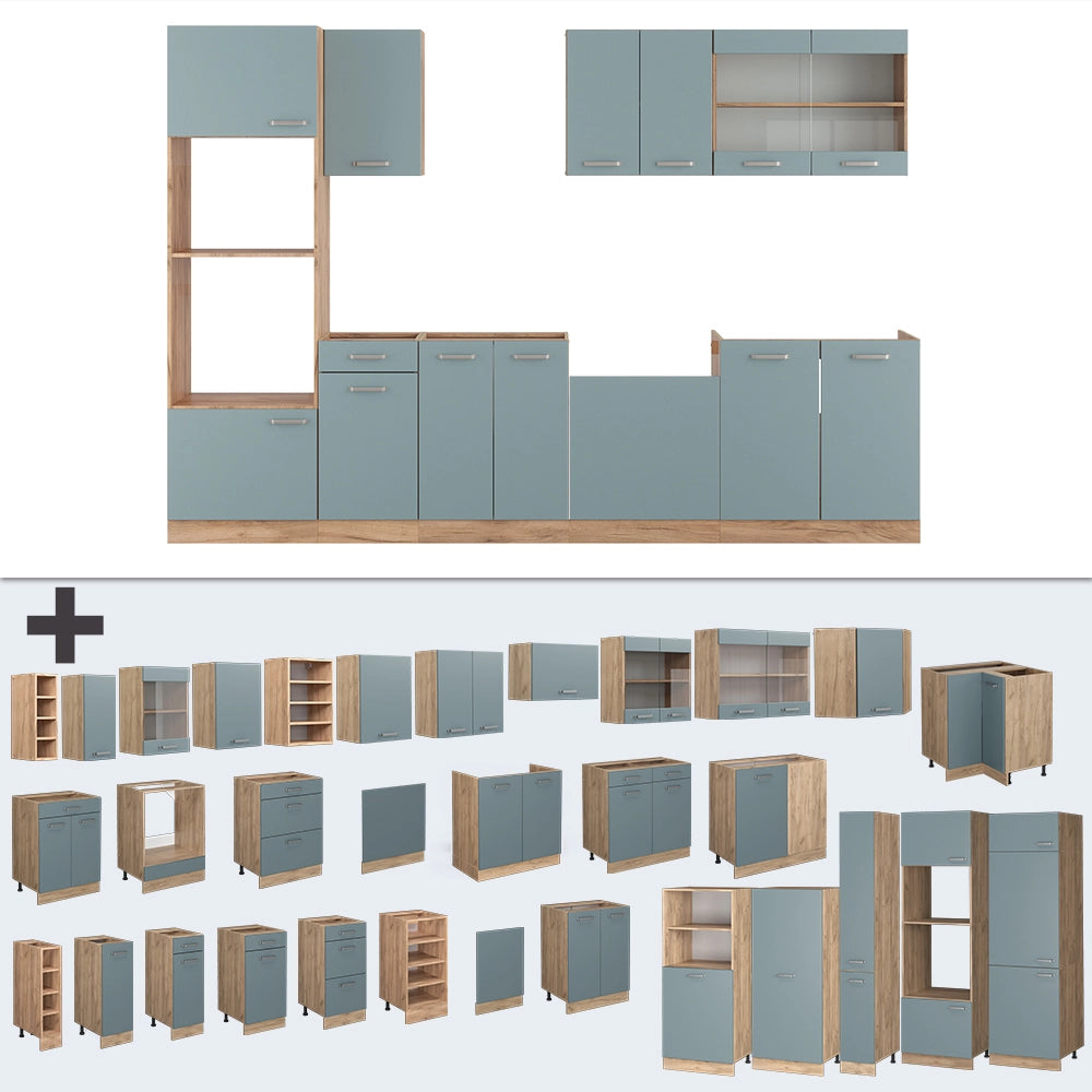 Vicco Cucina componibile Rovere blu-grigio/oro 300 cm con armadio alto, PL Rovere