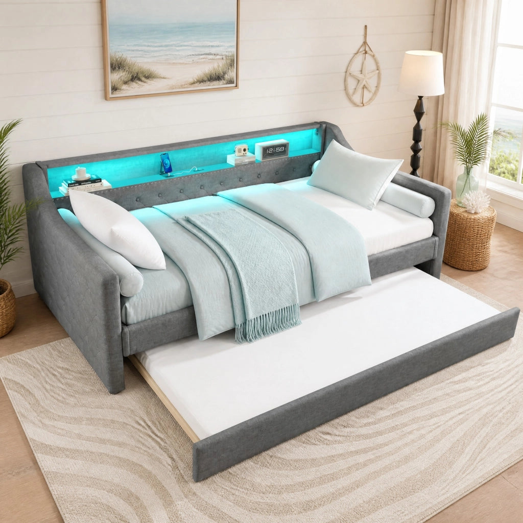Letto daybed 90x200 cm con rete a doghe, letto estraibile, LED e USB, grigio