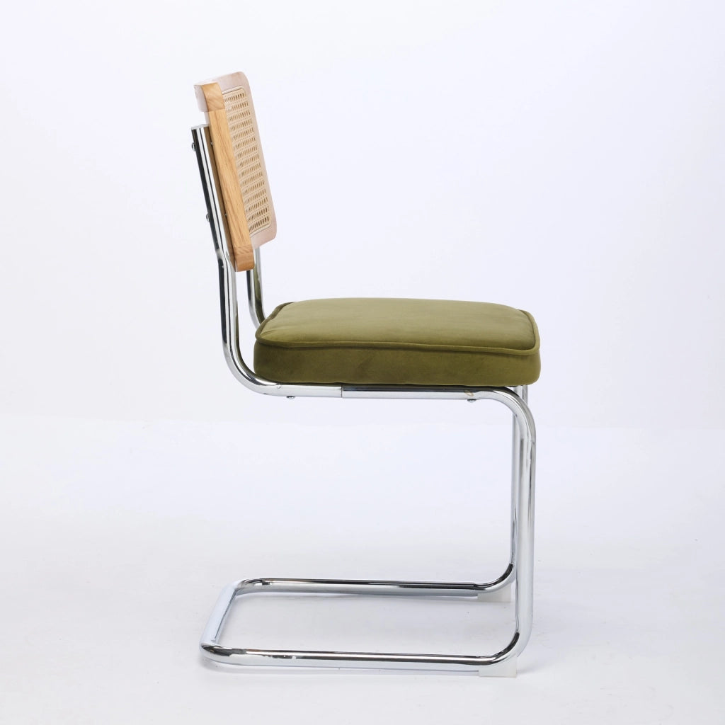 Sedia da pranzo moderna - Zephmum- Set di 2, schienale in rattan, base cromata, verde oliva