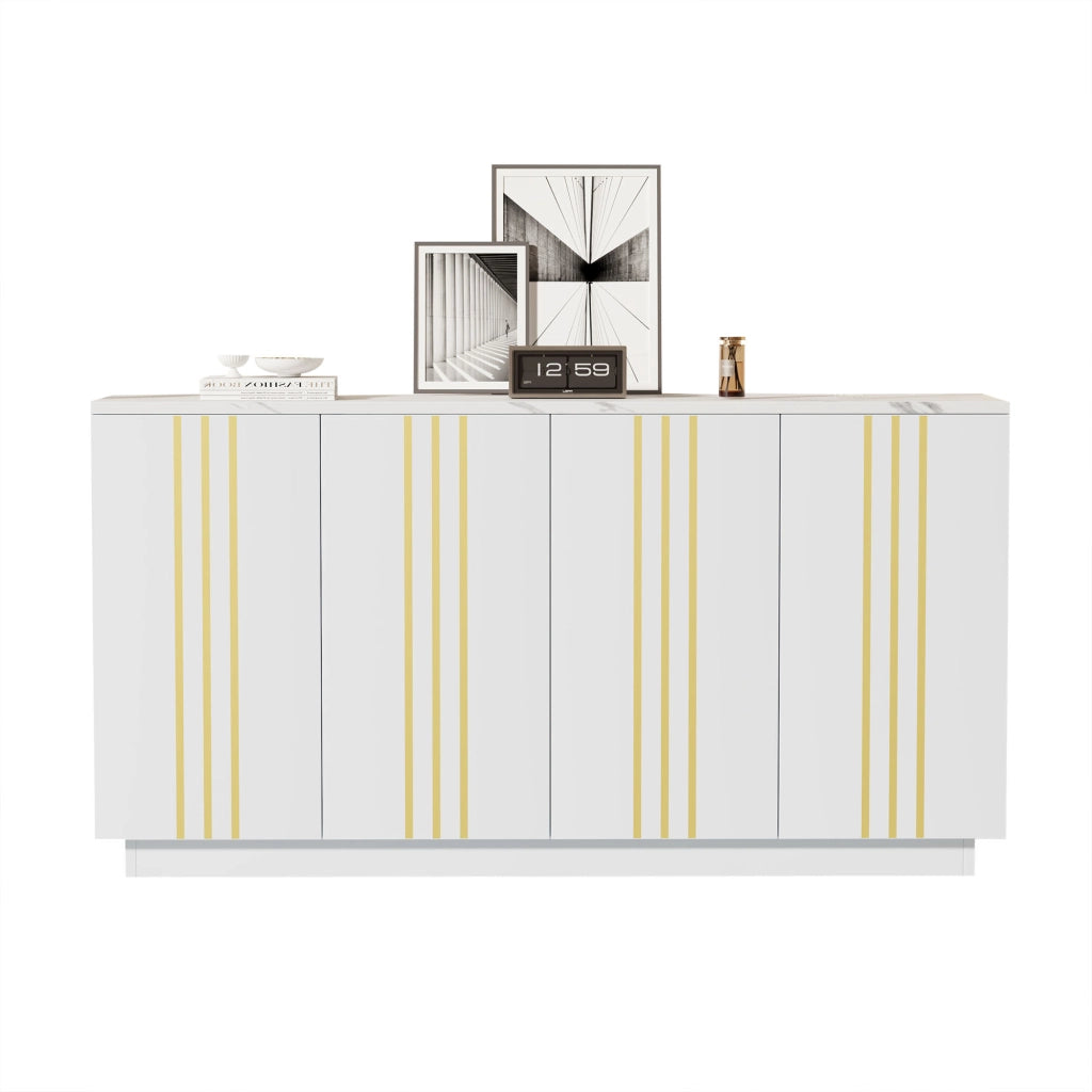 Credenza con 4 ante e ripiani regolabili, per soggiorno e ingresso, in truciolare, bianco e oro, 35 × 140 × 70 cm