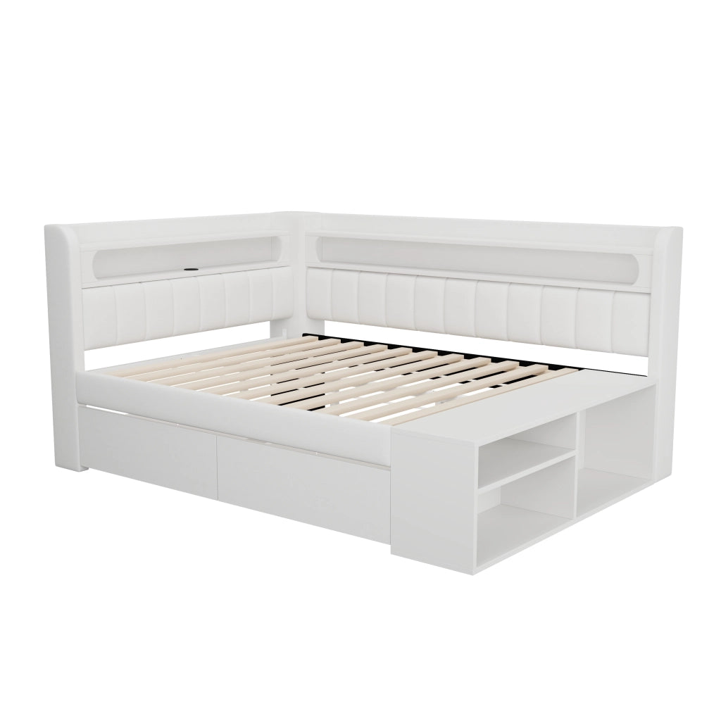 Divano letto imbottito con USB LED 7 colori armadietto portascarpe e 2 cassetti in MDF e tessuto bianco 90 × 200 cm