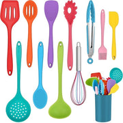 Kit di aiuto per cucina in silicone 12 pezzi per superficie antiaderente - Utensili per la cottura termoresistente con contenitore per oggetti - Resistenti al lavastoviglie - Colorati