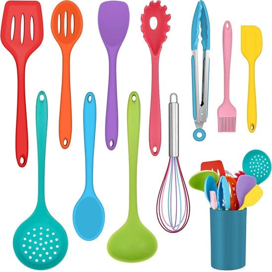 Kit di aiuto per cucina in silicone 12 pezzi per superficie antiaderente - Utensili per la cottura termoresistente con contenitore per oggetti - Resistenti al lavastoviglie - Colorati