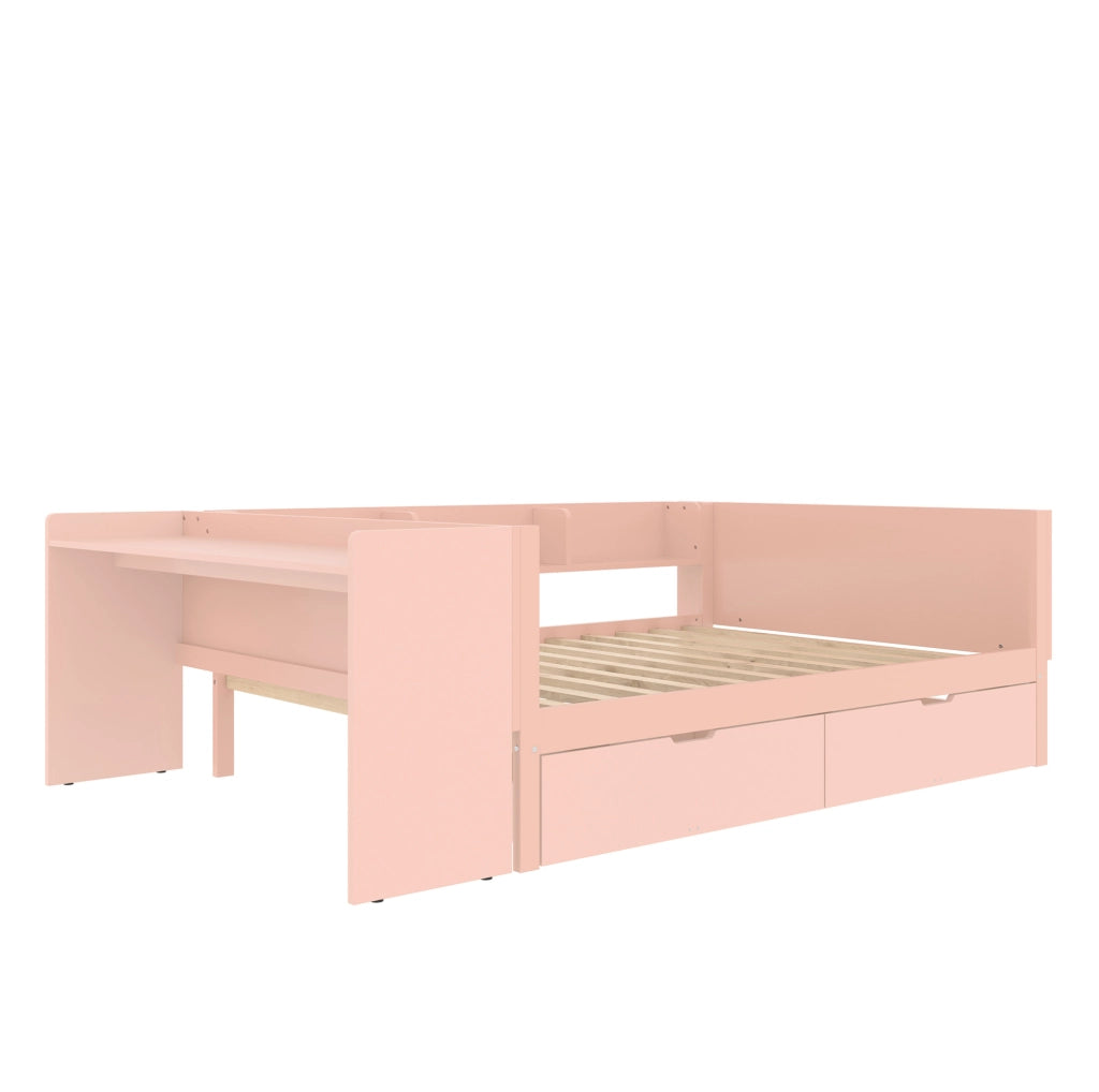 Letto matrimoniale ULEVR 140x200 cm con scrivania, 2 cassetti e 3 ripiani, rosa