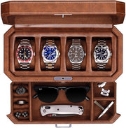 Cassetta orologio in legno con 4 contenitori e cassetta di ripostiglio - organizzatore di gioielli di lusso, display chiuso con vetrina in vetro reale - cassetta orologio per uomini e donne (marrone chiaro)