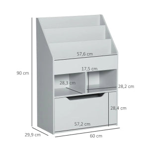 Libreria per bambini con cassetto, 3 scomparti e 2 vani aperti, grigia, 60 x 29,9 x 90 cm
