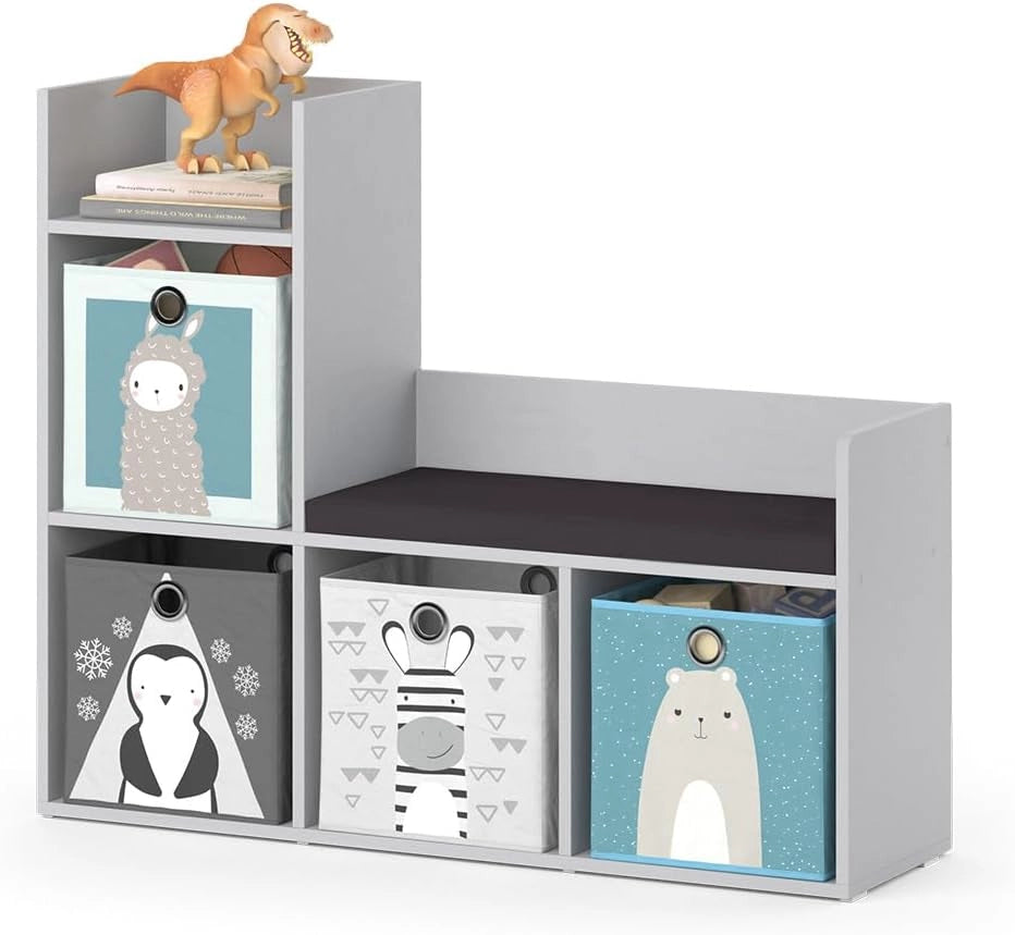 Scaffale per bambini Luigi, Grigio, 107.2 x 88.6 cm, con seduta imbottita e quattro ripiani aperti