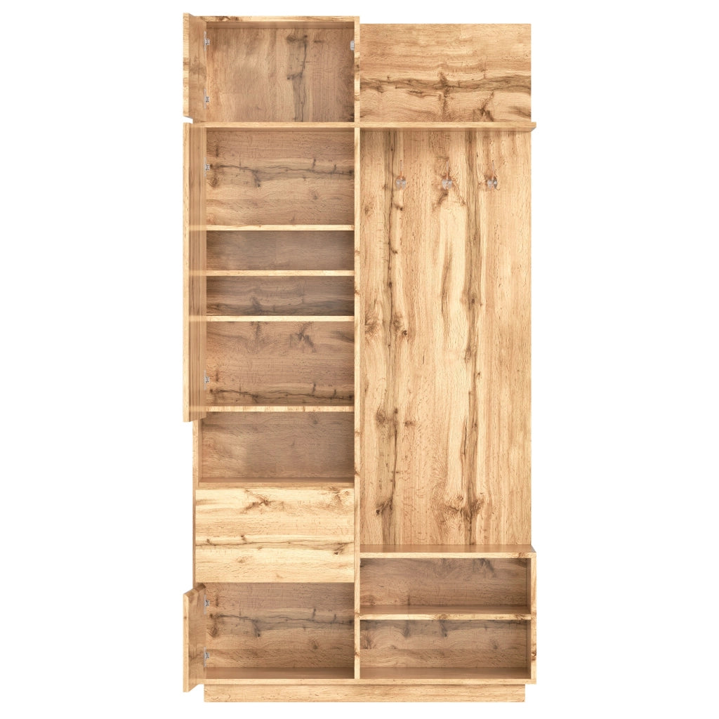 Mobile da ingresso con armadio con specchio, panca portascarpe, cassetti e ganci, in MDF naturale