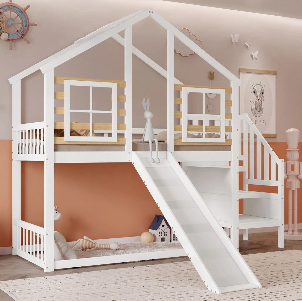 Letto a castello per bambini 90x200 cm con scivolo, bianco