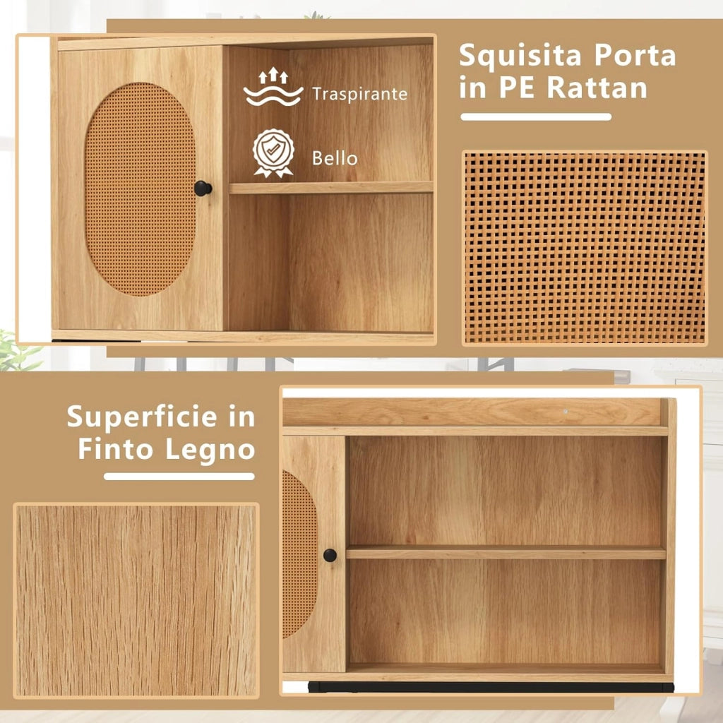 Scaffale Bagno 139cm sopra WC, Mobile Bagno Salvasapzio con Porta in Rattan PE, Ripiani di Stoccaggio Aperti e Supperto in Metallo, Organizzatore sopra Gabinetto, Nero e Marrone