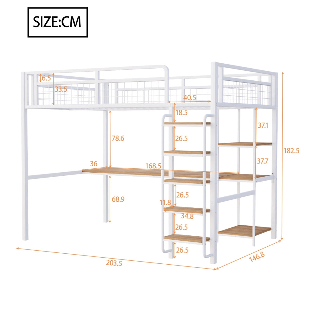 Letto a soppalco 140x200 cm con scala; tavolo e ripiani; bianco