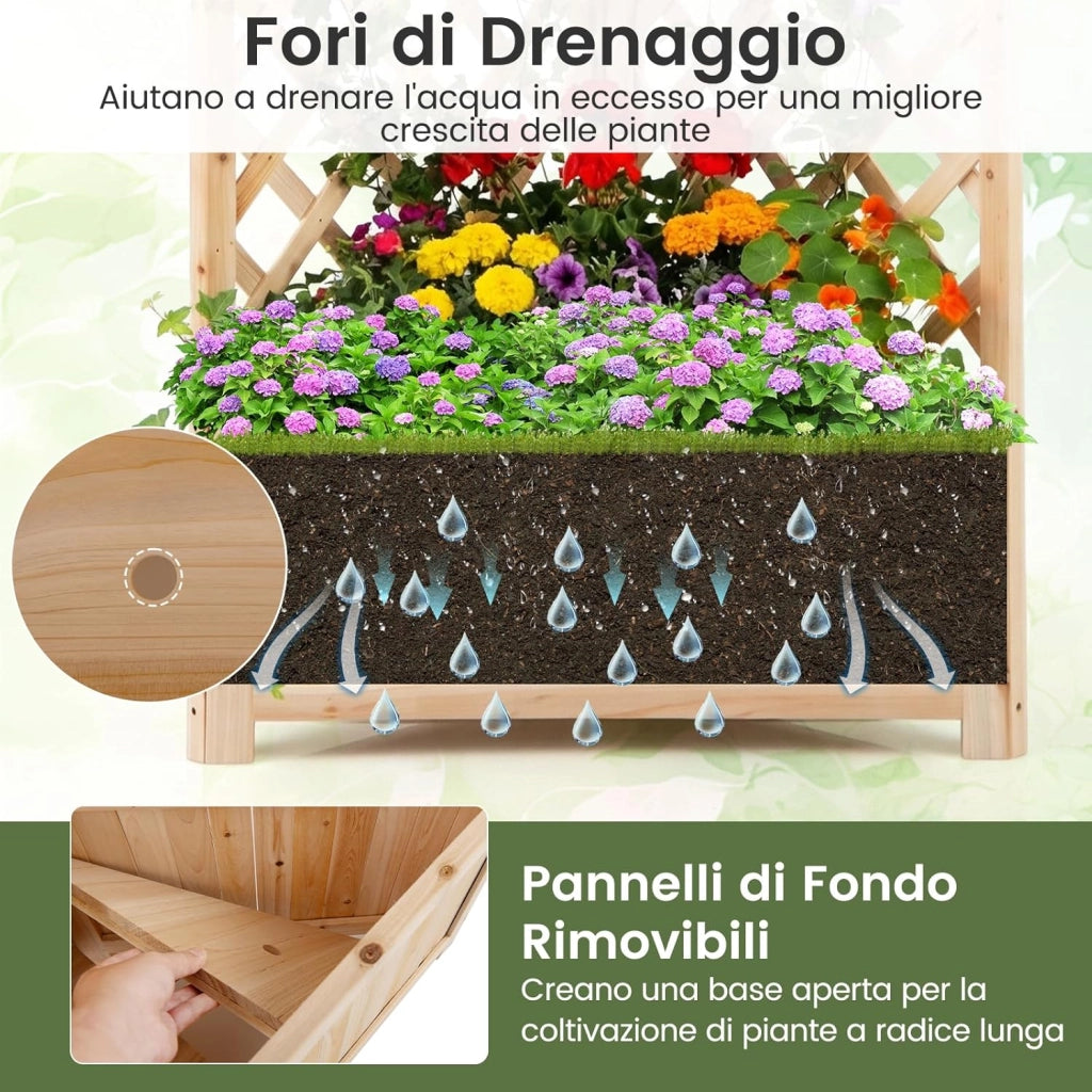 Letto da Giardino Rialzato ad Angolo con Traliccio e Fori di Drenaggio, Fioriera in Legno Elevata per Piante Rampicanti, Fiori e Verdure, Ideale per Interno ed Esterno (Naturale)