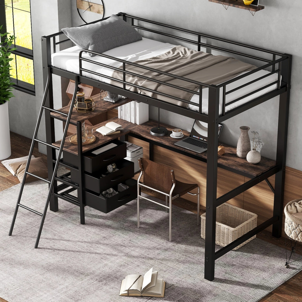 Letto a castello con scrivania e cassetti ferro legno nero noce scuro 90x200 cm