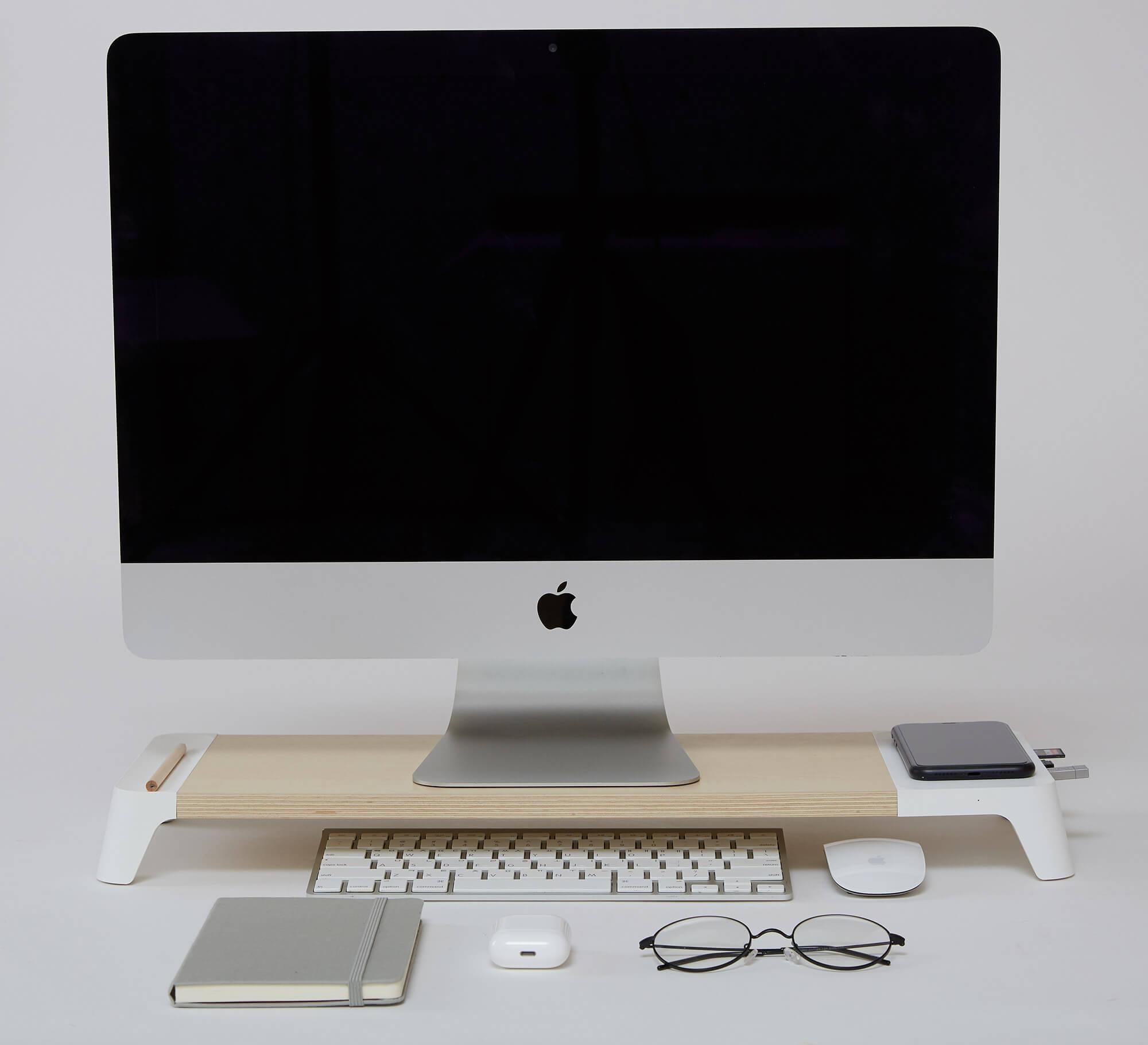 Supporto Monitor da Scrivania 56x20x5,7 cm con Entrata USB e Base di Ricarica Wireless Bianco