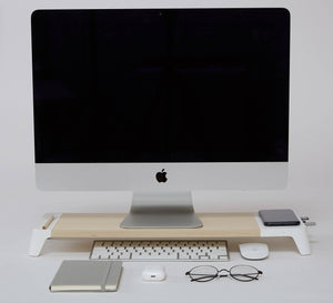 Supporto Monitor da Scrivania 56x20x5,7 cm con Entrata USB e Base di Ricarica Wireless Bianco