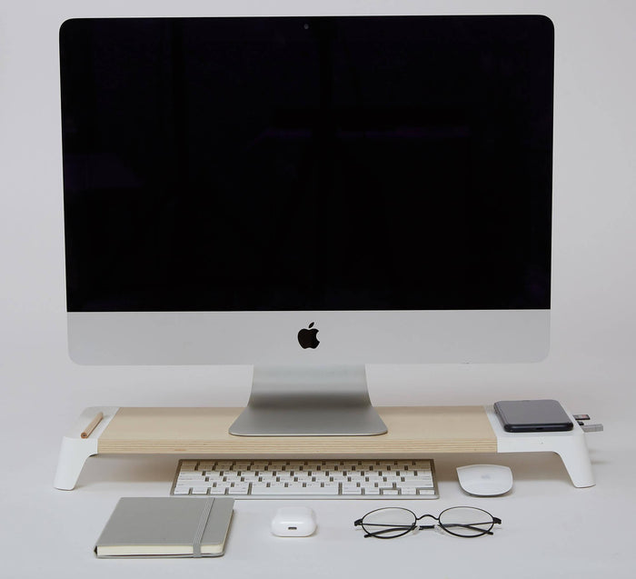 Supporto Monitor da Scrivania 56x20x5,7 cm con Entrata USB e Base di Ricarica Wireless Bianco