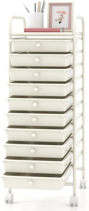 Carrello Portaoggetti con 10 Cassetti, Telaio in Metallo e Struttura in Plastica, 4 Ruote di cui 2 con Freno, Organizer Multiuso per Ufficio, Cucina e Bagno, 33 x 37 x 86 cm