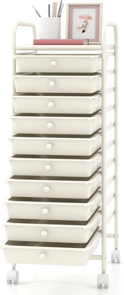 Carrello Portaoggetti con 10 Cassetti, Telaio in Metallo e Struttura in Plastica, 4 Ruote di cui 2 con Freno, Organizer Multiuso per Ufficio, Cucina e Bagno, 33 x 37 x 86 cm