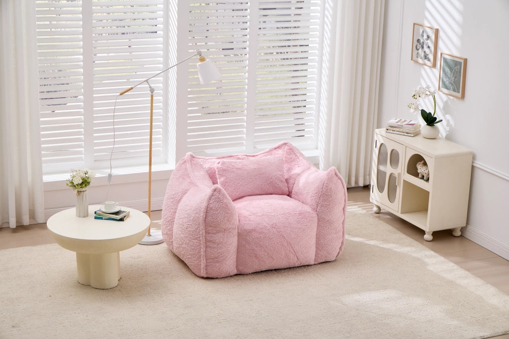 Fauteuil pouf ergonomico in pelliccia sintetica con imbottitura in schiuma, per soggiorno e camera da letto, rosa