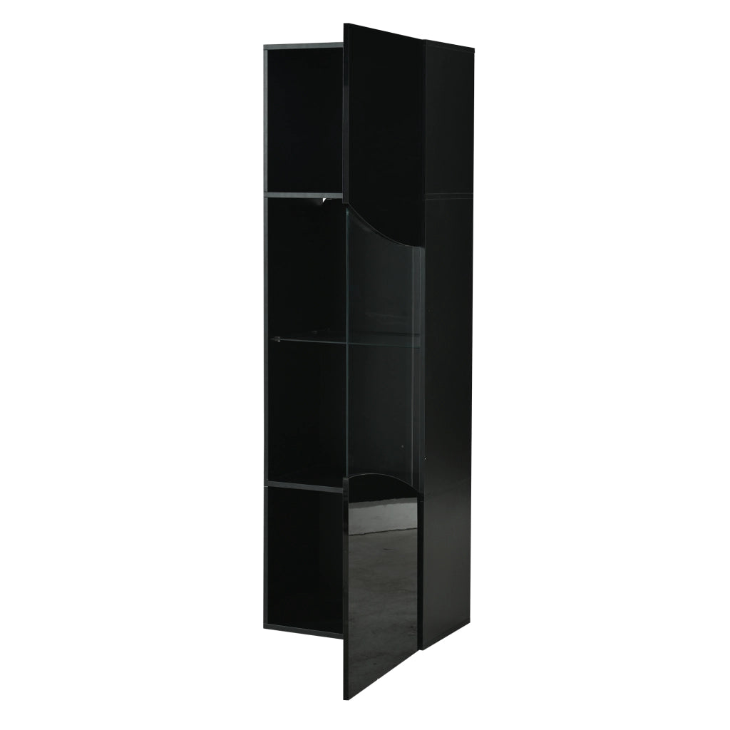 Vetrina alta con 4 ripiani e LED per soggiorno, design stretto, in vetro temperato, nero lucido, 35 × 50 × 165 cm