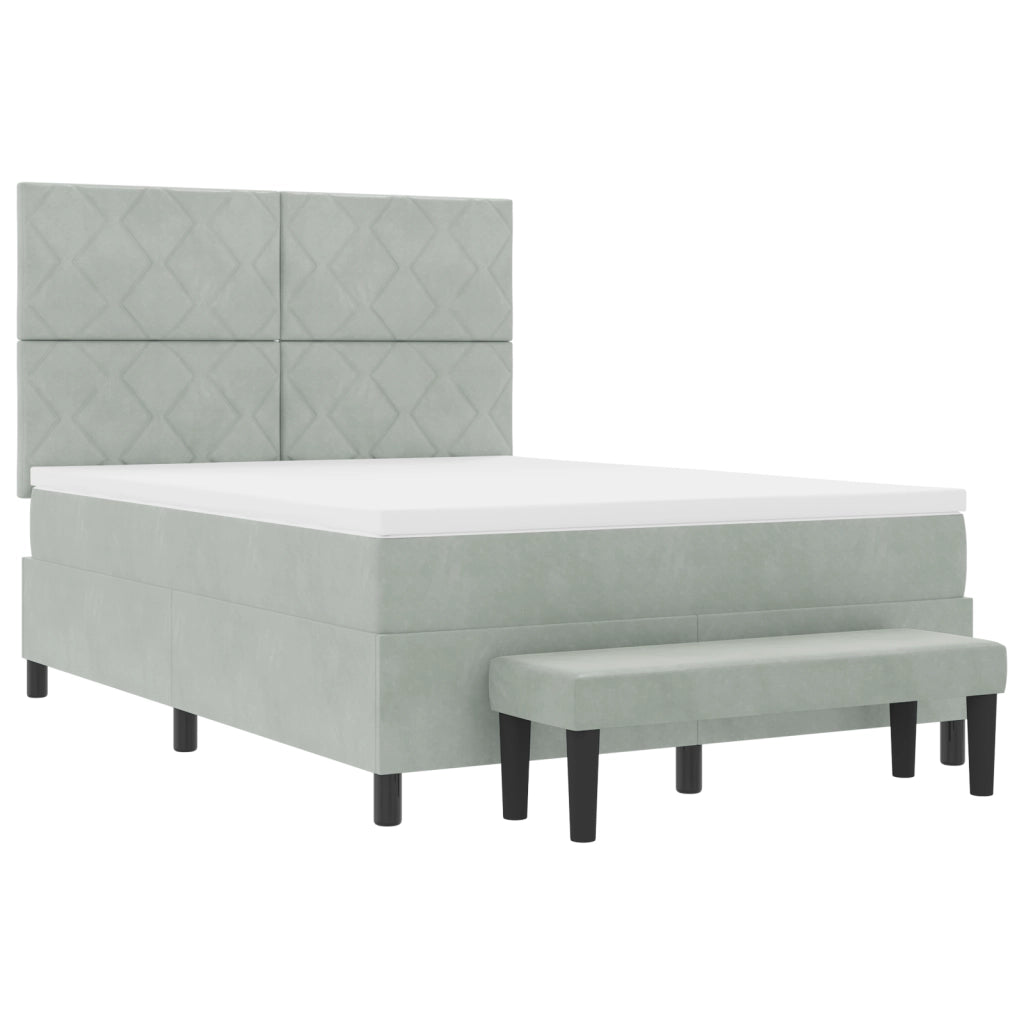 Letto a Molle con Materasso e Panca Grigio Chiaro 140x190 cm in Velluto