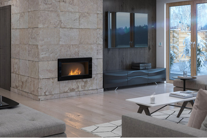 Camino a Bioetanolo da Parete/Incasso 90x49 cm Frame 900 Nero con Vetro