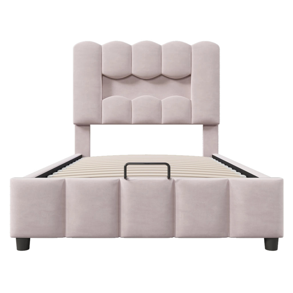 Letto imbottito 90x200 cm con contenitore idraulico; LED e testiera regolabile in velluto rosa