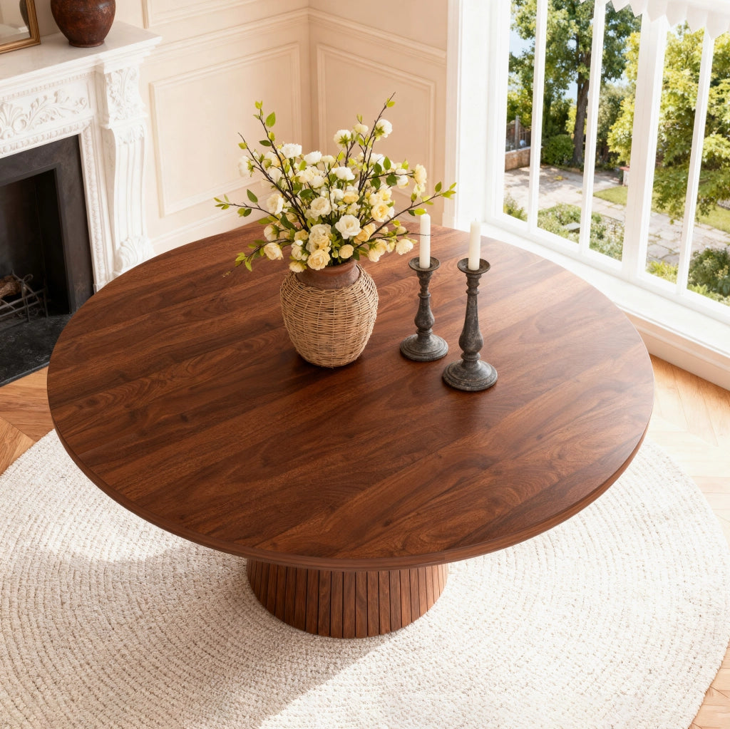 Tavolo da pranzo rotondo 110 cm in MDF con impiallacciatura effetto noce; colore noce
