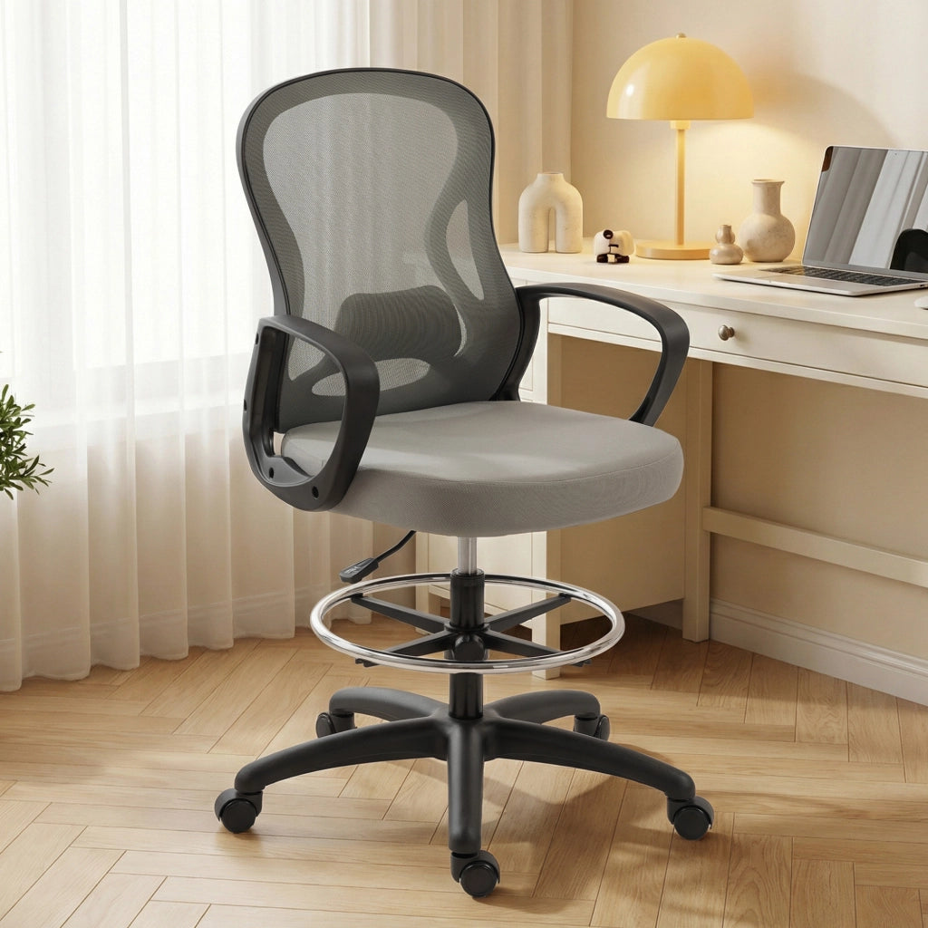 Poltrona ergonomica da ufficio con poggiapiedi e braccioli ¨C zephmum ¨C Grigio, rete, 59x65x123 cm